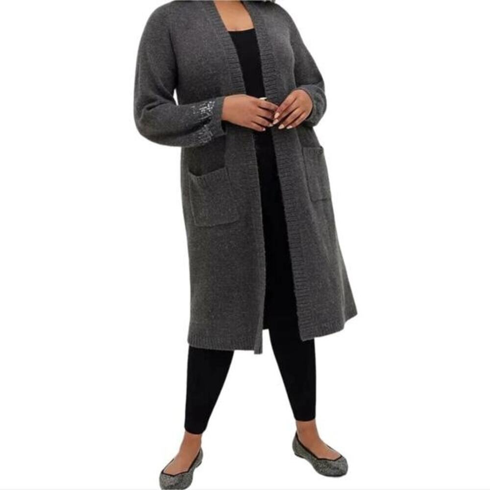 Torrid Womens Charcoal Grey Sequin Cuff Longline Duster Cardigan Sweater